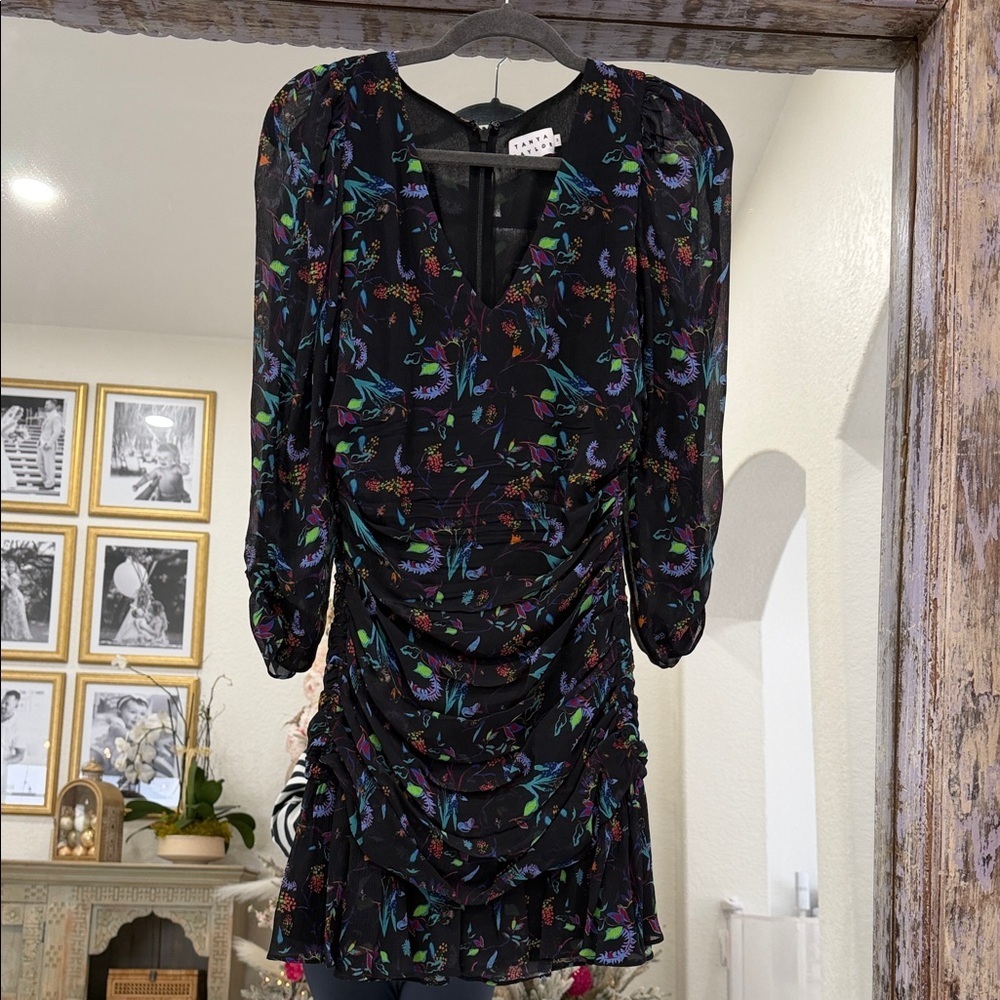 Tanya Taylor Kathleen Black Multicolor Floral 100% silk dress